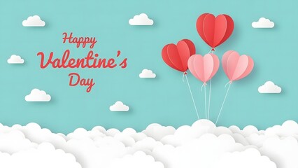 Happy Valentine&rsquo;s Day Background with Heart Balloons Floating in Sky and Clouds