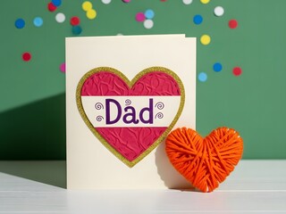 Father's day card with pink heart and orange heart on table