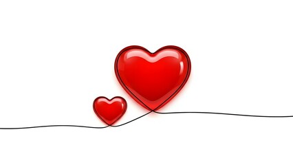 Two shiny red hearts on a thin black line on white background