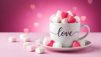 A white mug filled with pink and white heart shaped marshmallows on a pink background