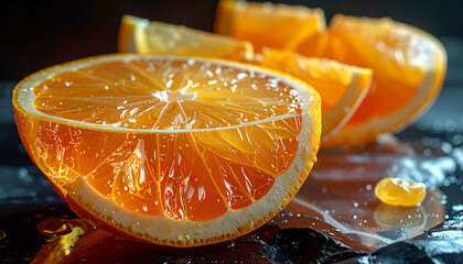 Macro close-up of fresh orange half with water droplets and wedges on wet dark surface, vibrant citrus fruit background for beverages and food design