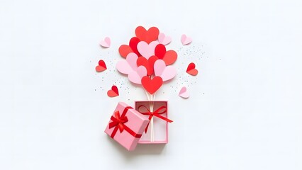 Valentines day gift box with hearts and ribbons on white background