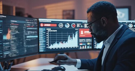 Business professional analyzing data trends on multiple screens in a modern office environment - Powered by Adobe