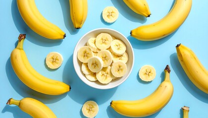 Overhead shot of whole and sliced yellow fruit scattered on a light blue surface