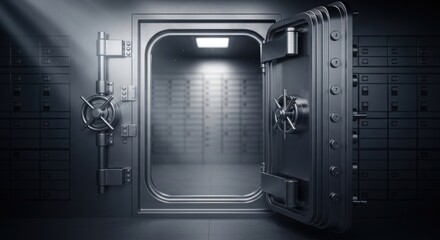 Obraz premium A large, metallic vault door with a bright light inside, revealing an empty, dark interior.