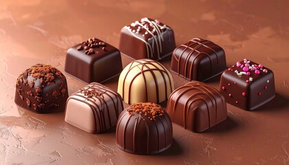 Assorted gourmet chocolates on brown background for dessert or gift ideas