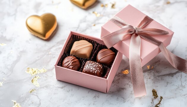 Assortment of fine chocolates presented in a small pink gift box resting on a marbled surface