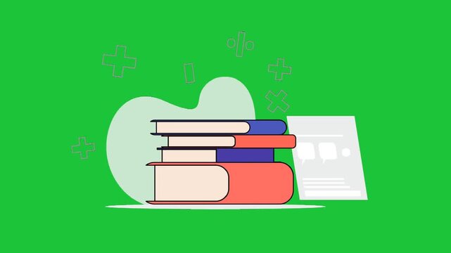 Stack of books with document and chat icons, education learning concept flat animation green screen background loop