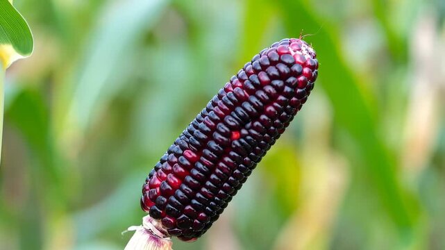 Close-up of a single ear of dark purple corn growing in a field.
