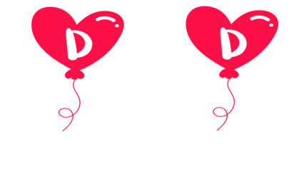 Heart shaped balloons with letter D on white and black background