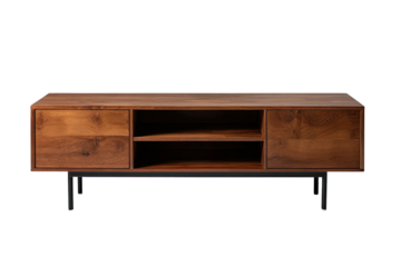 Wood media console with cabinets and shelving