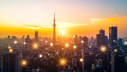 Aerial view of a city at sunset with interconnected dots overlay
