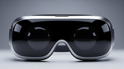 Futuristic VR AR headset with sleek silver frame and dark polished lenses, high-tech virtual reality goggles for metaverse and gaming, 3D product rendering isolated on gray background