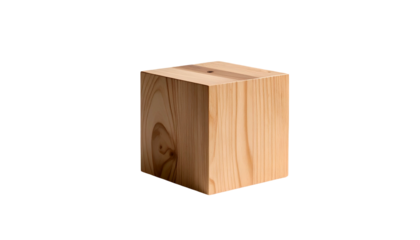 A singular wooden cube, meticulously crafted, floats against a stark, black expanse. The detailed wood grain is visible, offering textural interest