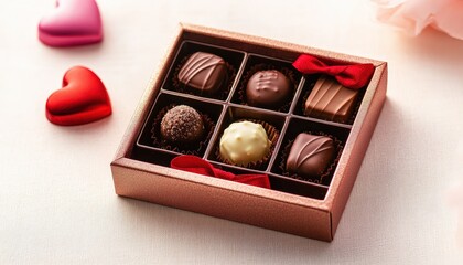 Assortment of gourmet chocolates presented in a decorative box with heart decorations nearby