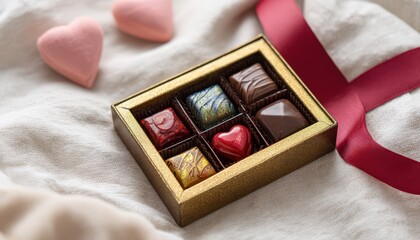 Gourmet assorted chocolates presented in a sparkling container beside a deep red ribbon and soft confectionery shapes.