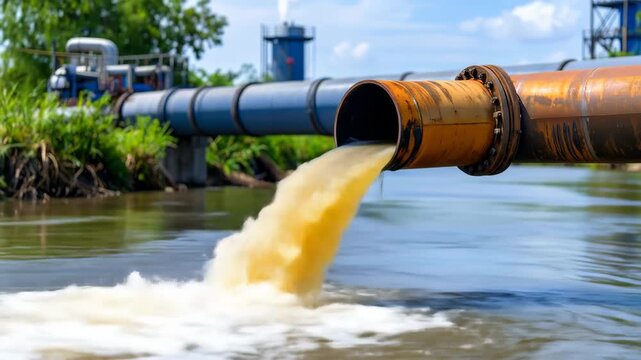 Industrial wastewater discharging from a rusty pipe into a river, causing water pollution.