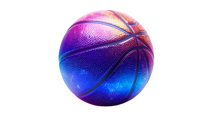 A vibrant basketball rendered with a galaxy-like texture, featuring shades of purple, blue, and pink, set against a stark black background
