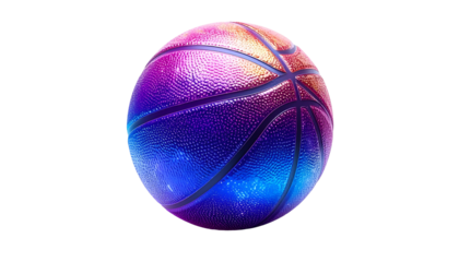 A vibrant basketball rendered with a galaxy-like texture, featuring shades of purple, blue, and pink, set against a stark black background