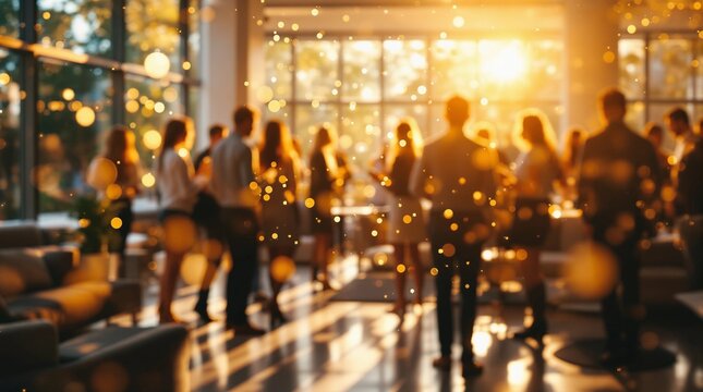 Silhouettes of people gathering inside a bright office space during a golden hour celebration event