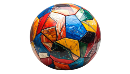 A vibrant, colorful soccer ball, composed of geometric patches in a mosaic-like pattern. It features a spectrum of hues and highlights on a black background