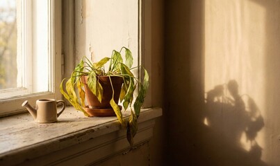 Wilting Potted Plant on Sunlit Windowsill with Drooping Leaves Casting Shadows Conveying Neglect