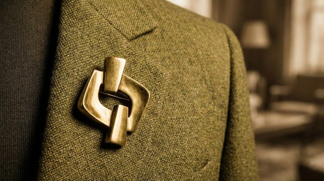 Bold Mid-Century Modern Abstract Gold-Tone Brooch on Textured Olive Green Tweed Jacket