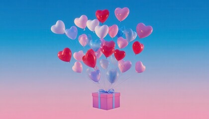 Colorful heart shaped balloons rise from a wrapped present against a gradient sky