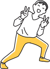 おちゃらけながらダブルピースする男性