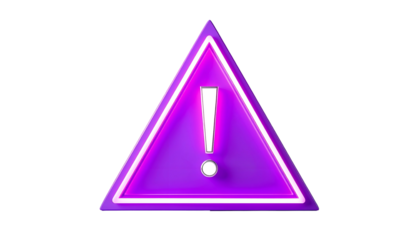 A vibrant neon hazard sign featuring a purple triangle and white exclamation point, isolated on black background