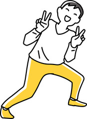 おちゃらけながらダブルピースする男性