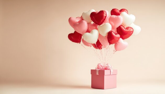 Group of bright heart shaped balloons tied to a pink gift box floats against a neutral background