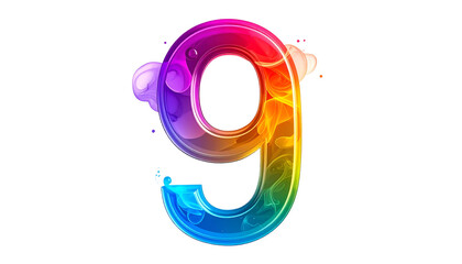 A vibrant, stylized number "9" with rainbow gradient fill, surrounded by cloudy, smoky effects against a black backdrop