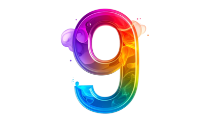 A vibrant, stylized number "9" with rainbow gradient fill, surrounded by cloudy, smoky effects against a black backdrop