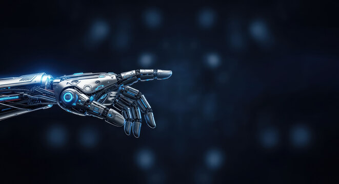 A robot arm pointing towards a glowing blue light on a dark, blurred background.