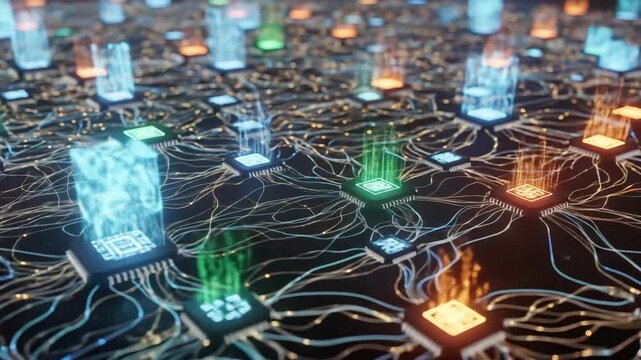 Complex interconnected network of processors with light beams creating a futuristic tech landscape.