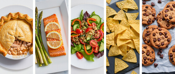 Delicious Variety of Homemade Dishes Including Pies, Salads, Chips, and Cookies