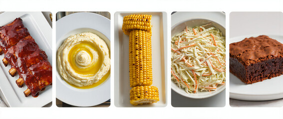 Delicious Array of Comfort Food Dishes Including Ribs, Mashed Potatoes, Corn, Slaw and Brownie
