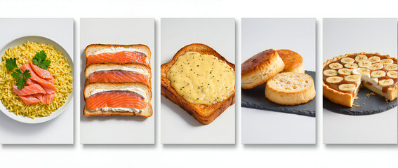 Delicious Variety of Dishes Including Salmon, Toast, Cheese, Biscuits, and Dessert on Clean Background