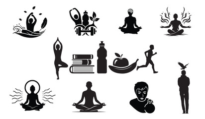 Set of black silhouettes depicting various yoga poses, fitness activities, and meditation scenes for health and wellness themes.