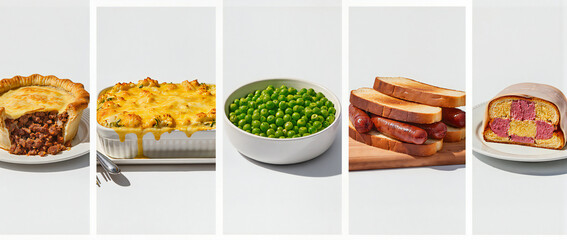 Delicious Variety of Comfort Foods Served on a Bright White Background for Culinary Inspiration