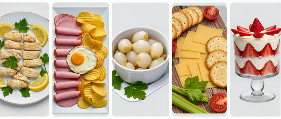 Fresh and Colorful Food Spread with Snacks, Dips, Fruits, and Vegetables on White Background