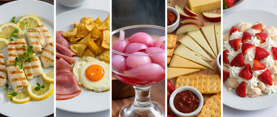 Assorted Dishes Featuring Chicken, Eggs, Onions, Cheese, and Strawberries for Culinary Presentation