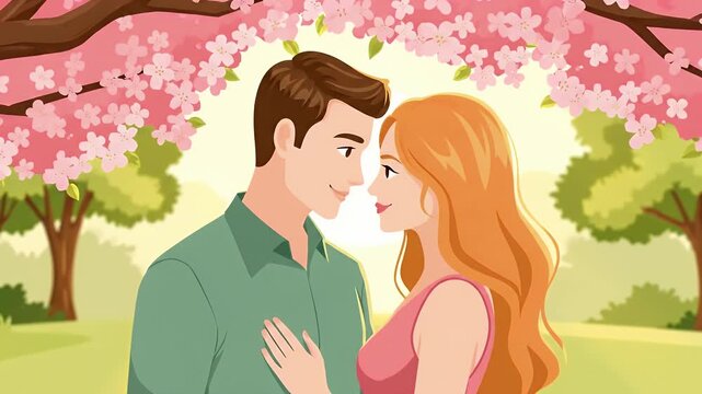 Loving couple under flowering sun-drenched stylized park flat animation soft green pink Valentine
