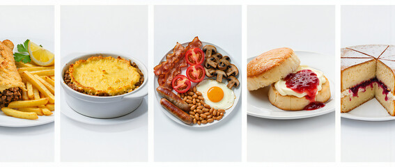 Delicious Assortment of British Breakfast and Other Comfort Foods on White Background