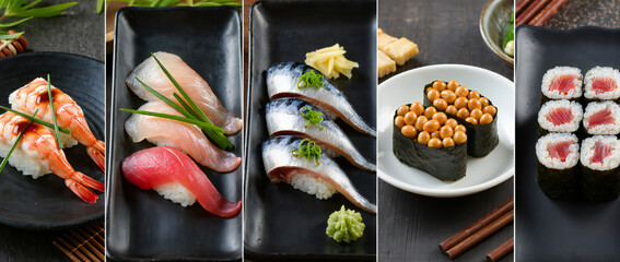 Fresh Seafood Display of Various Sushi Types on Elegant Black Plates in Japanese Cuisine Style