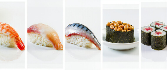 Fresh Sushi Selection on White Background Featuring Various Types of Fish and Ingredients