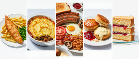 Array of Delicious Dishes Featuring Fish, Sausages, Pancakes, and Comfort Food on Plates