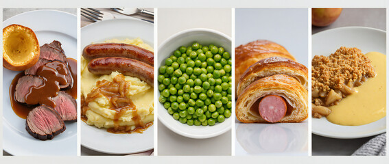 Delicious Meat Dishes with Vegetables and Pastry Desserts on White Plates