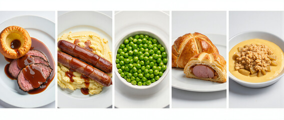 Delicious Variety of Comfort Food on Plates Featuring Meat, Vegetables, and Delectable Treats